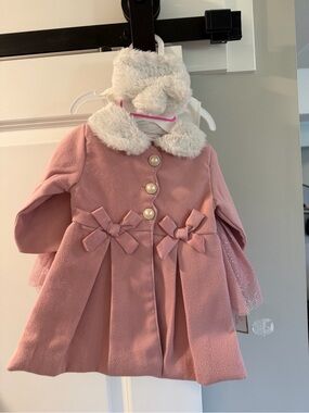Little Lass Pink Coat Set with Faux Fur Collar